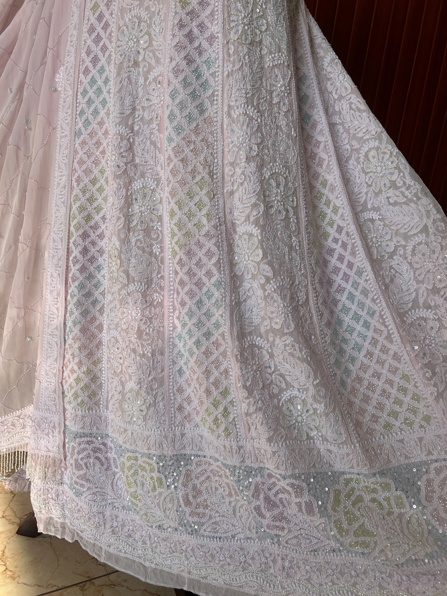 Ruhani Light Pink Chikankari multicolored Sequins and Cut Dana Anarkali