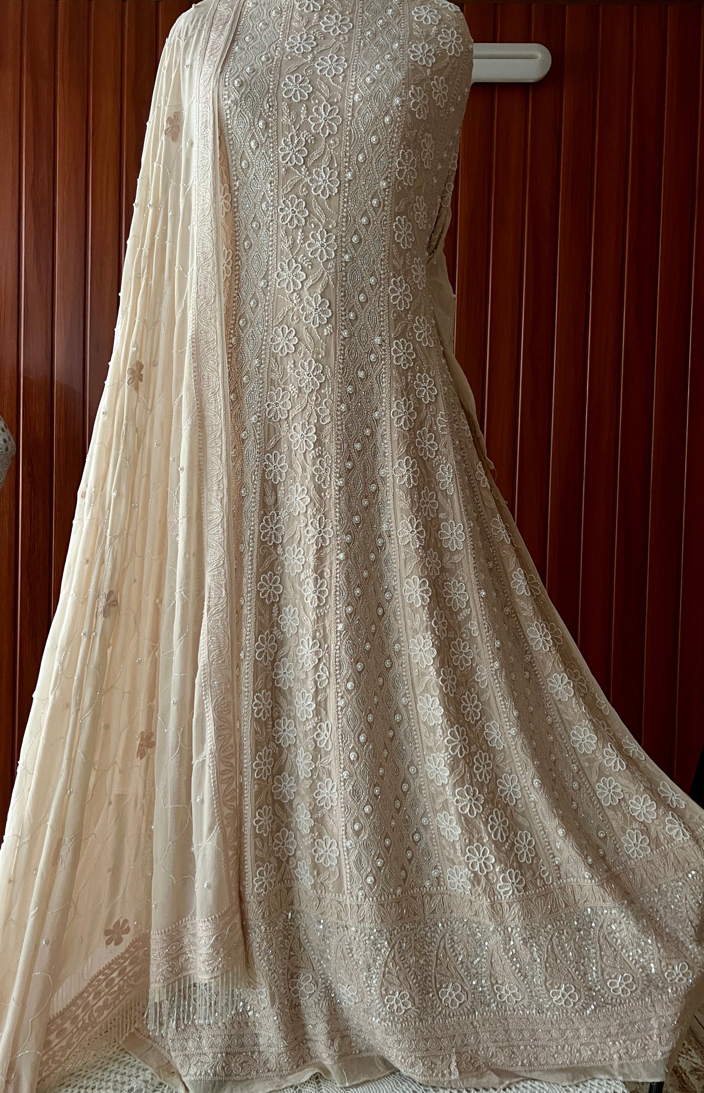 Beige fine Chikankari Pearl Sequins and Cut Dana Anarkali