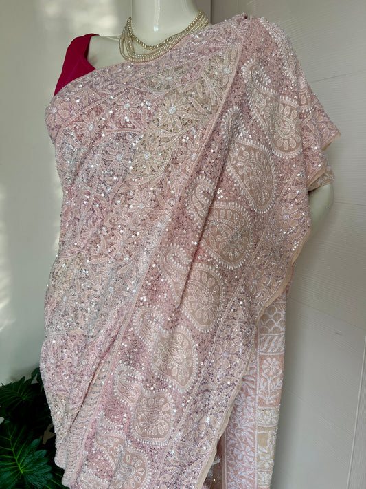 Ruhani Blush Pink Chikankari Multi Cut Dana and Sequins Saree