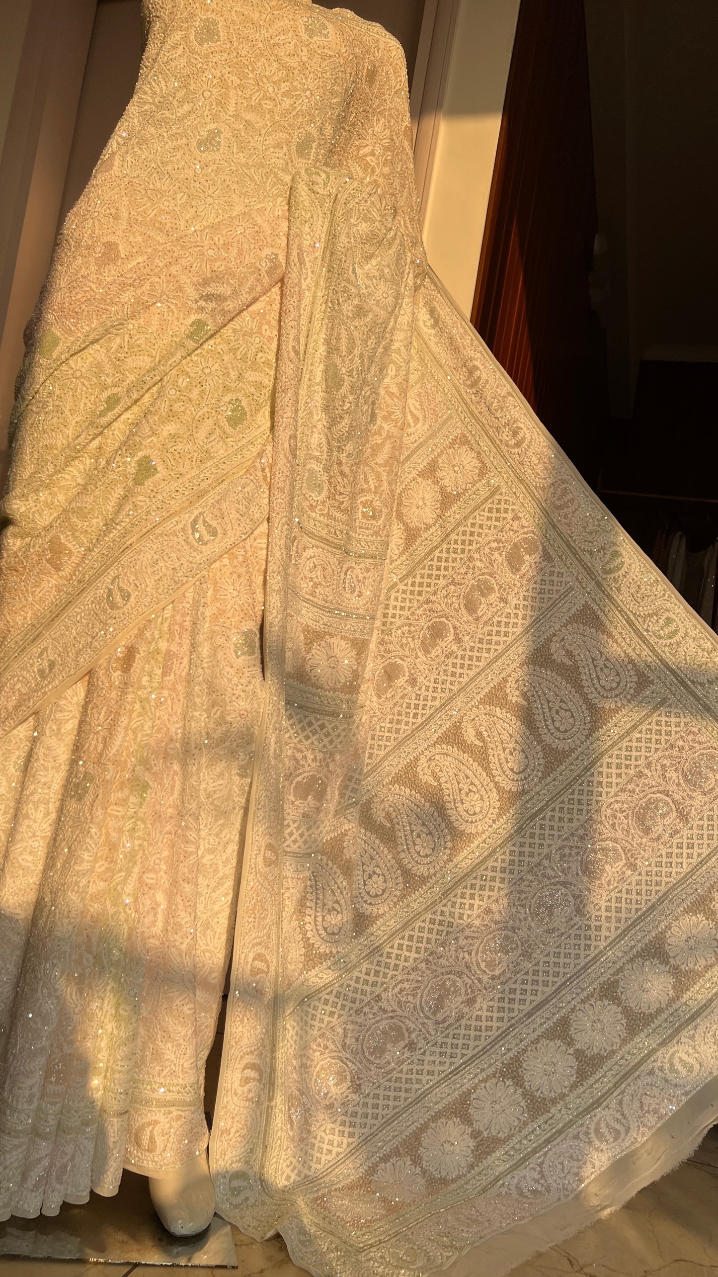 Ruhani Ivory Chikankari Multi Cut Dana and Sequins Saree