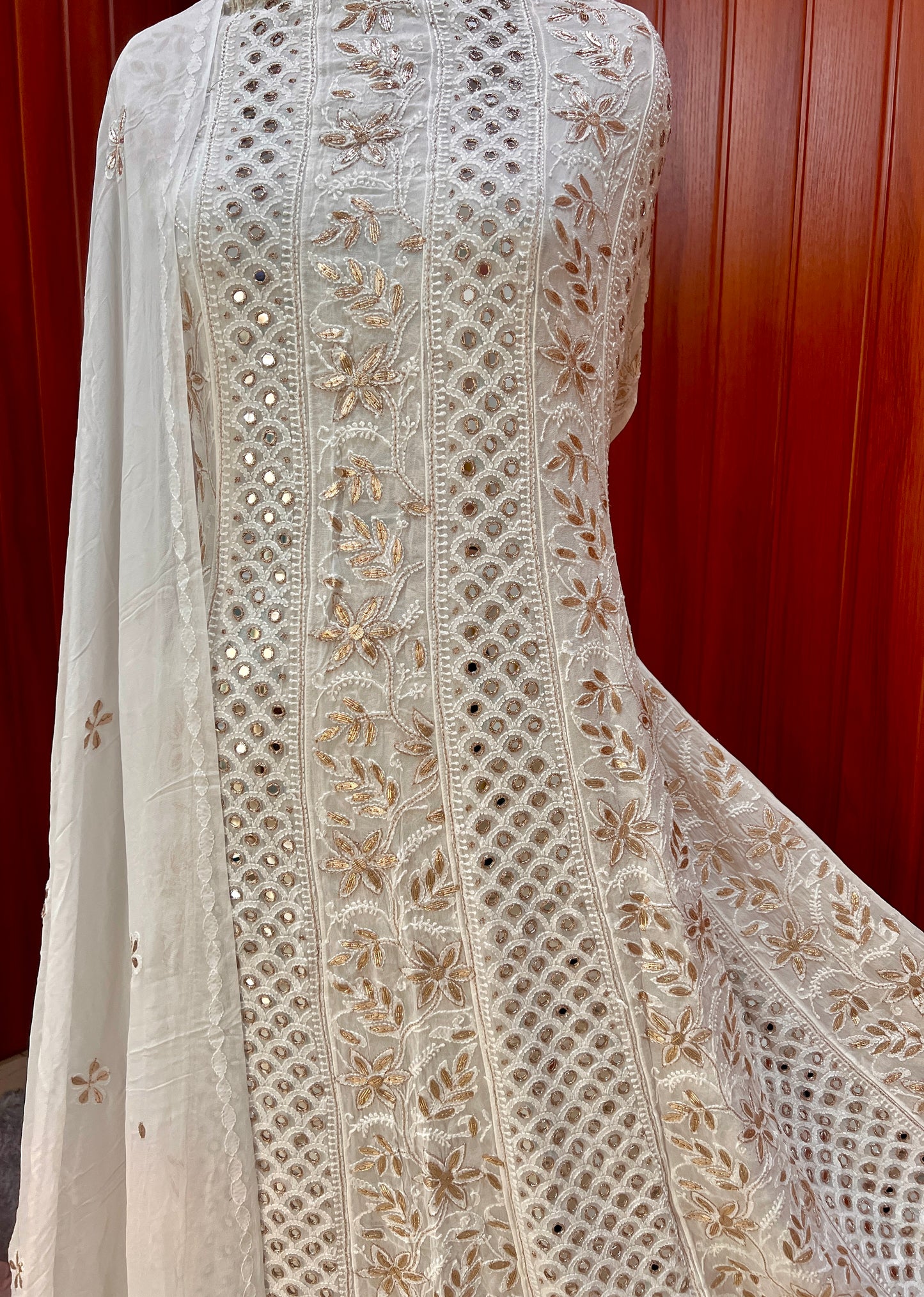 White Chikankari Mirror Gota Patti Anarkali with Dupatta