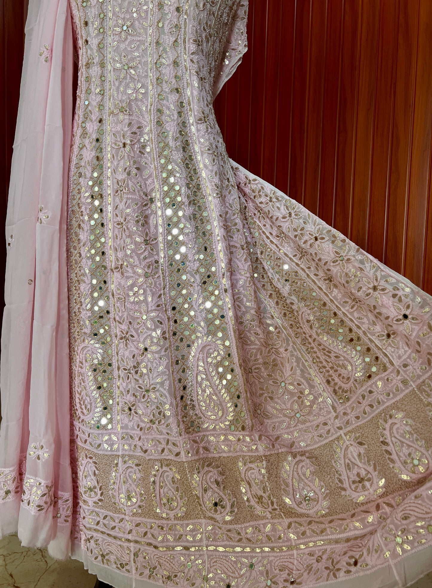 Pink Chikankari Mirror Gota Patti Anarkali with Dupatta