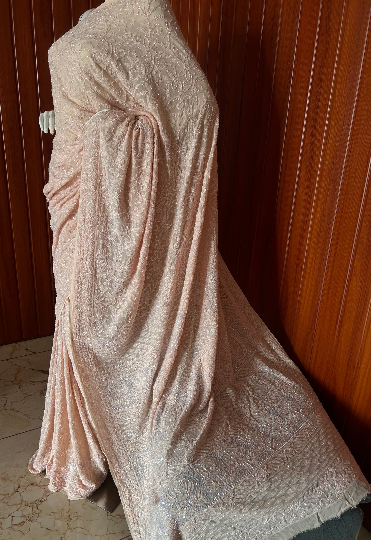 Ruhani Light Peach Chikankari Cut Dana and Sequins Saree