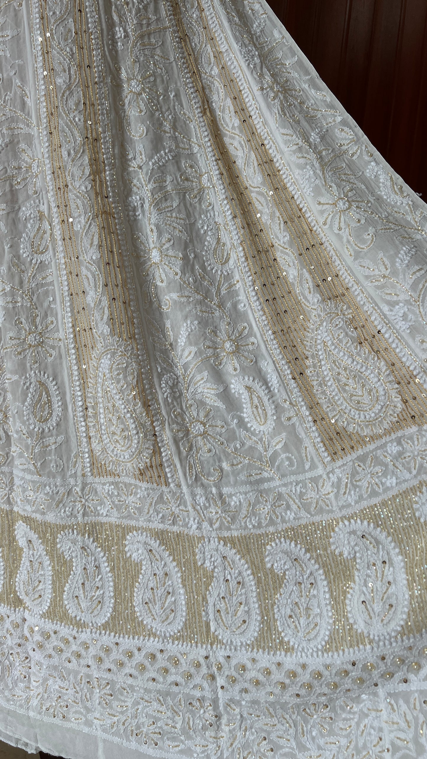 White Chikankari Sequins Cut Dana Anarkali with Dupatta