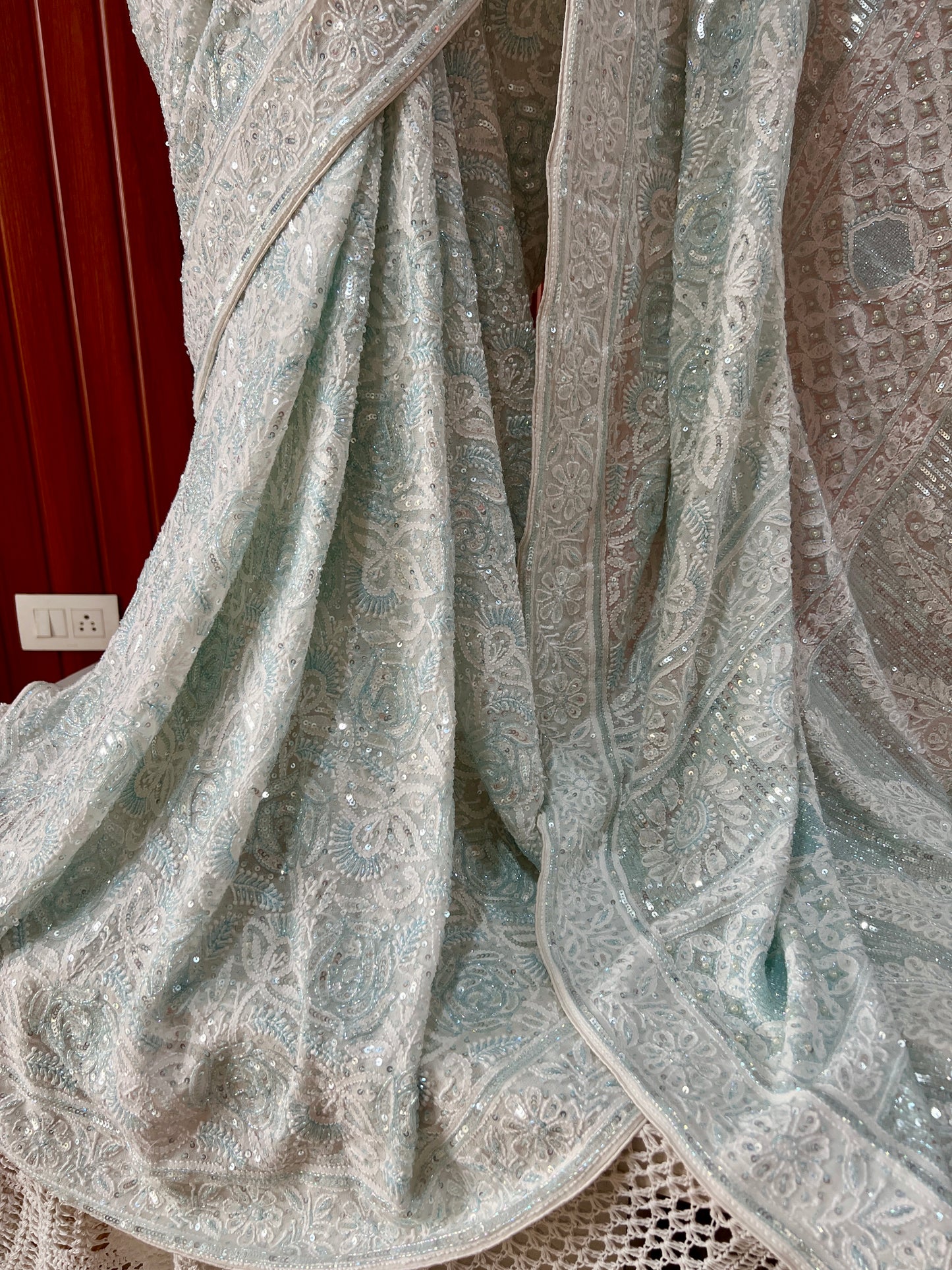 Ruhani light firozi embellished Chikankari hand Embroidered Saree