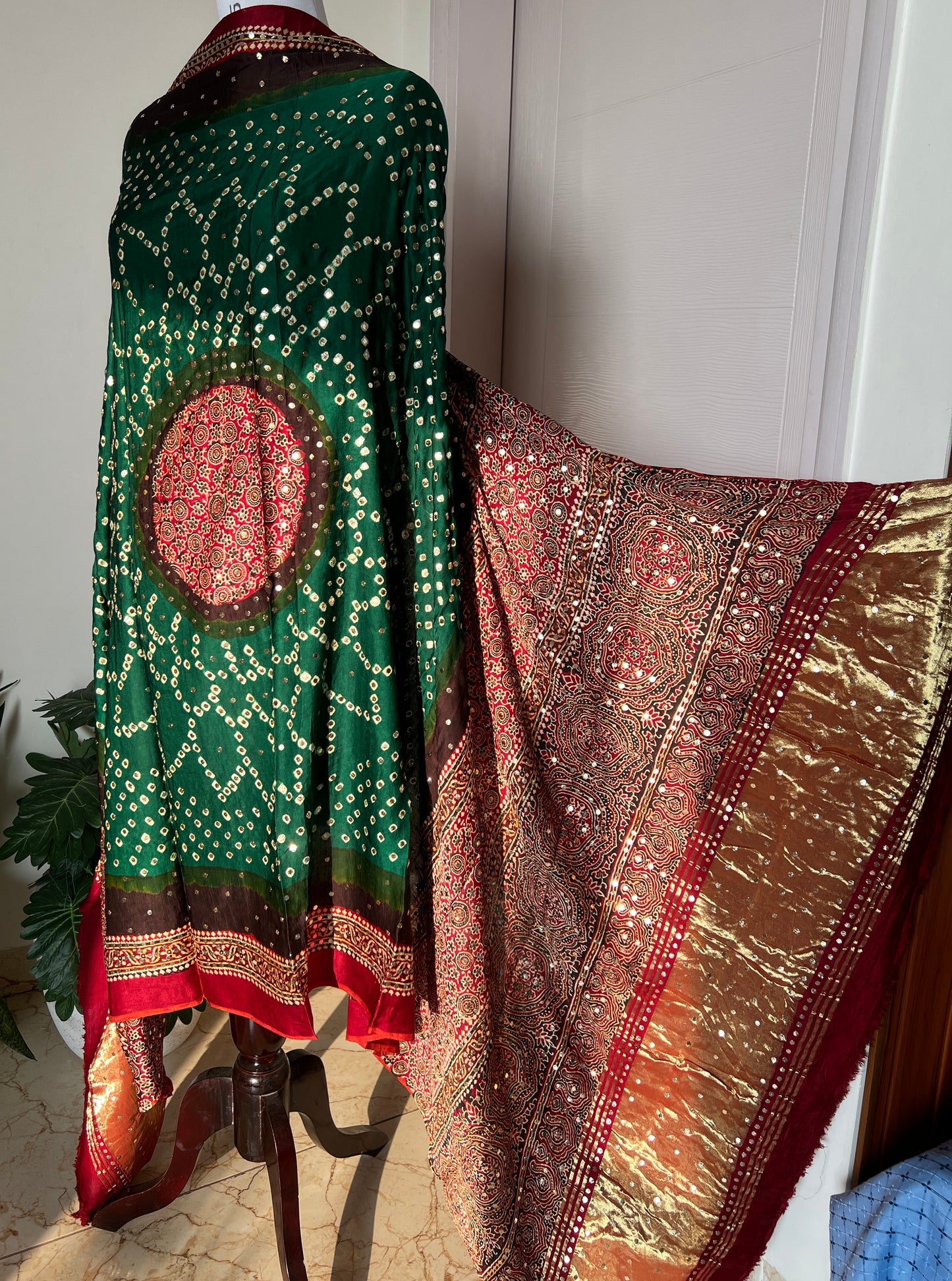 Green modal silk ajrakh and bandhej dupatta with heavy mukaish