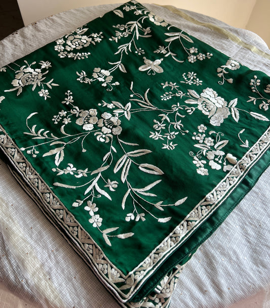 Bottle Green Parsi Gara Hand Embroidered Dupatta