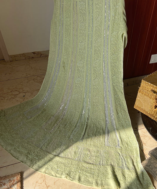 Light Mehndi green Chikankari Cut Dana Sequins Anarkali