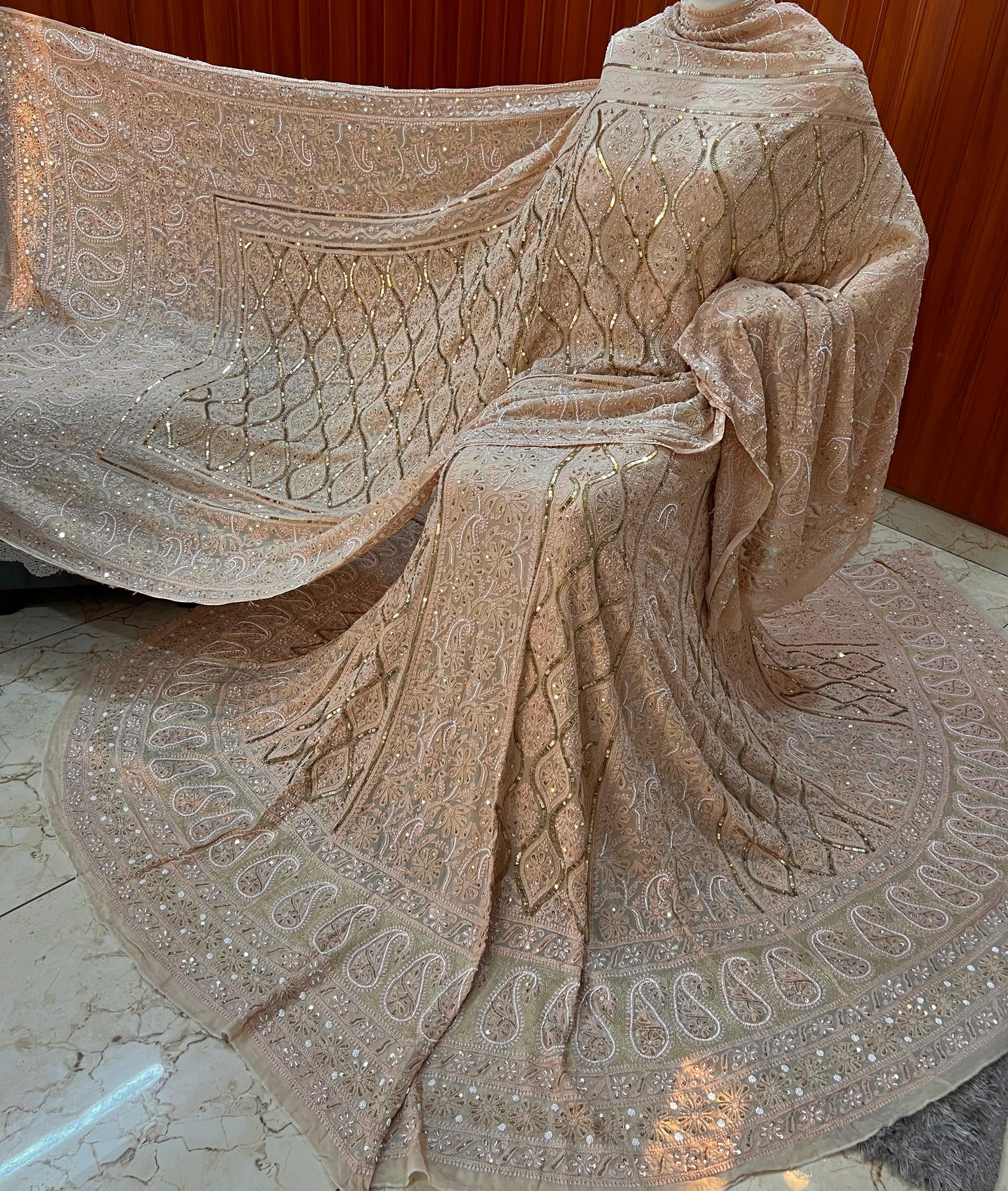 Nude Champagne Ruhani Chikankari Sequins Cut Dana Pearl Wedding Lehenga