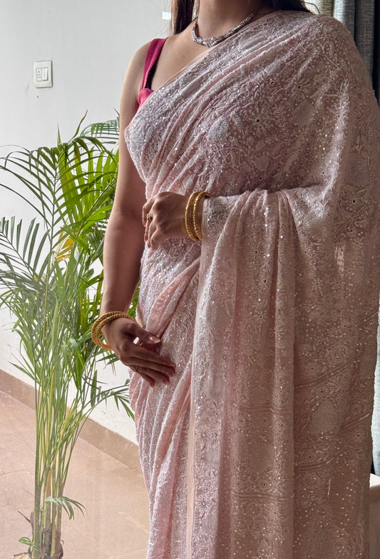 Suhaan Blush Pink Chikankari Do Taar Saree