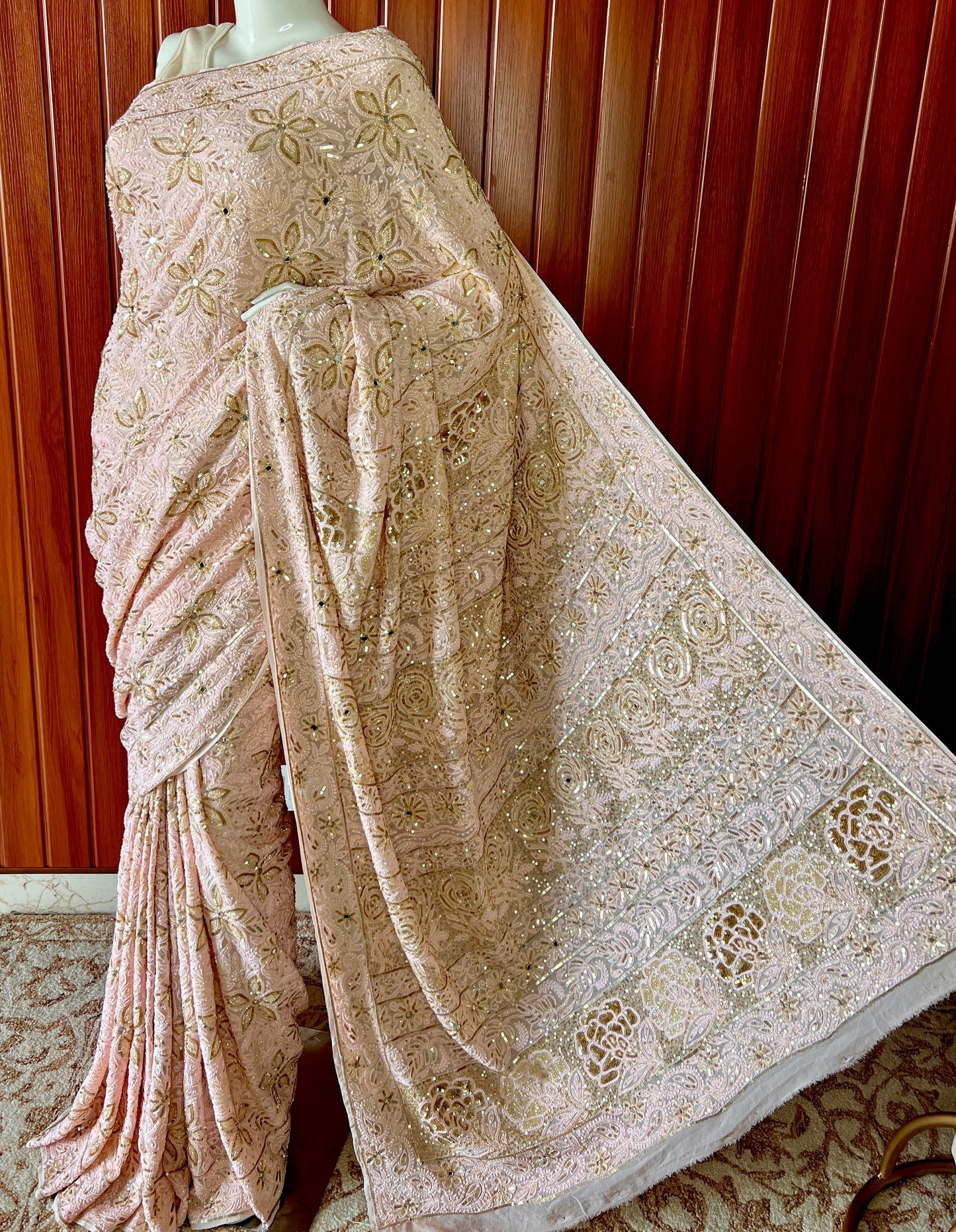 Ruhani Blush Peach Chikankari Sequins Cut Dana Embroidered Masterpiece Saree