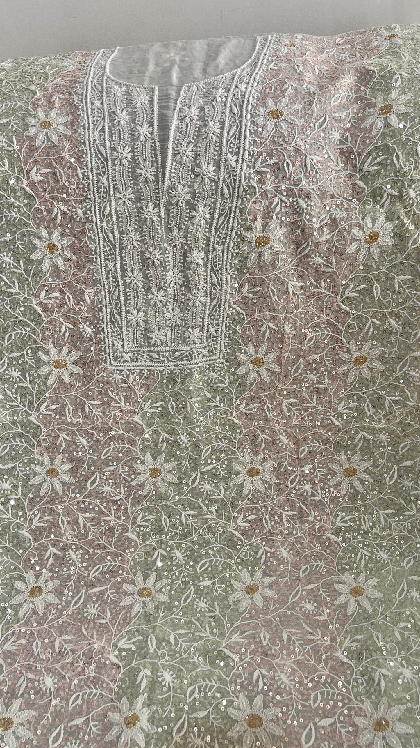 Multicolored chikankari and sequins Mulmul Kurta with Dupatta