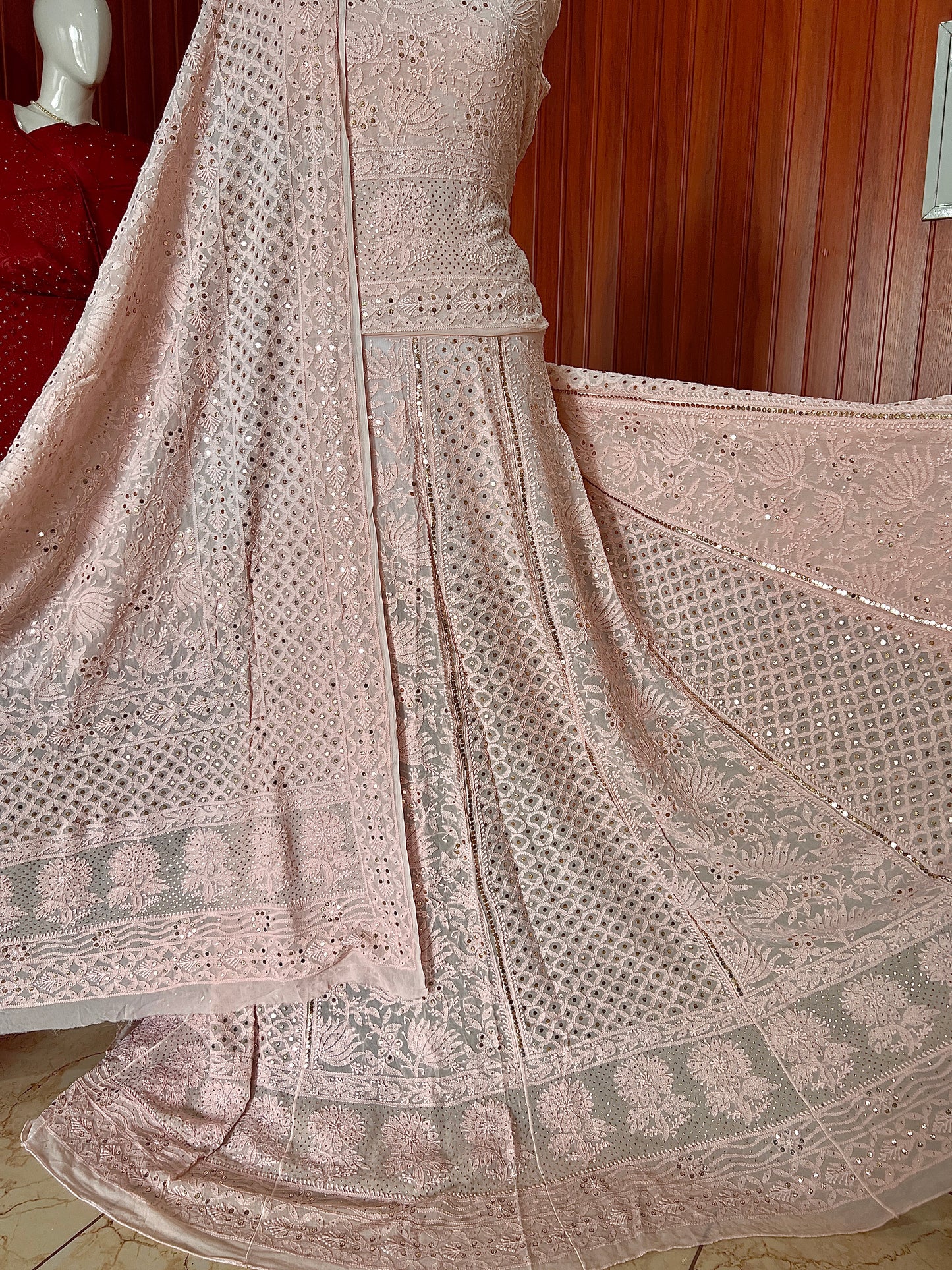 Dusty pink allover Chikankari and mukaish lehenga set