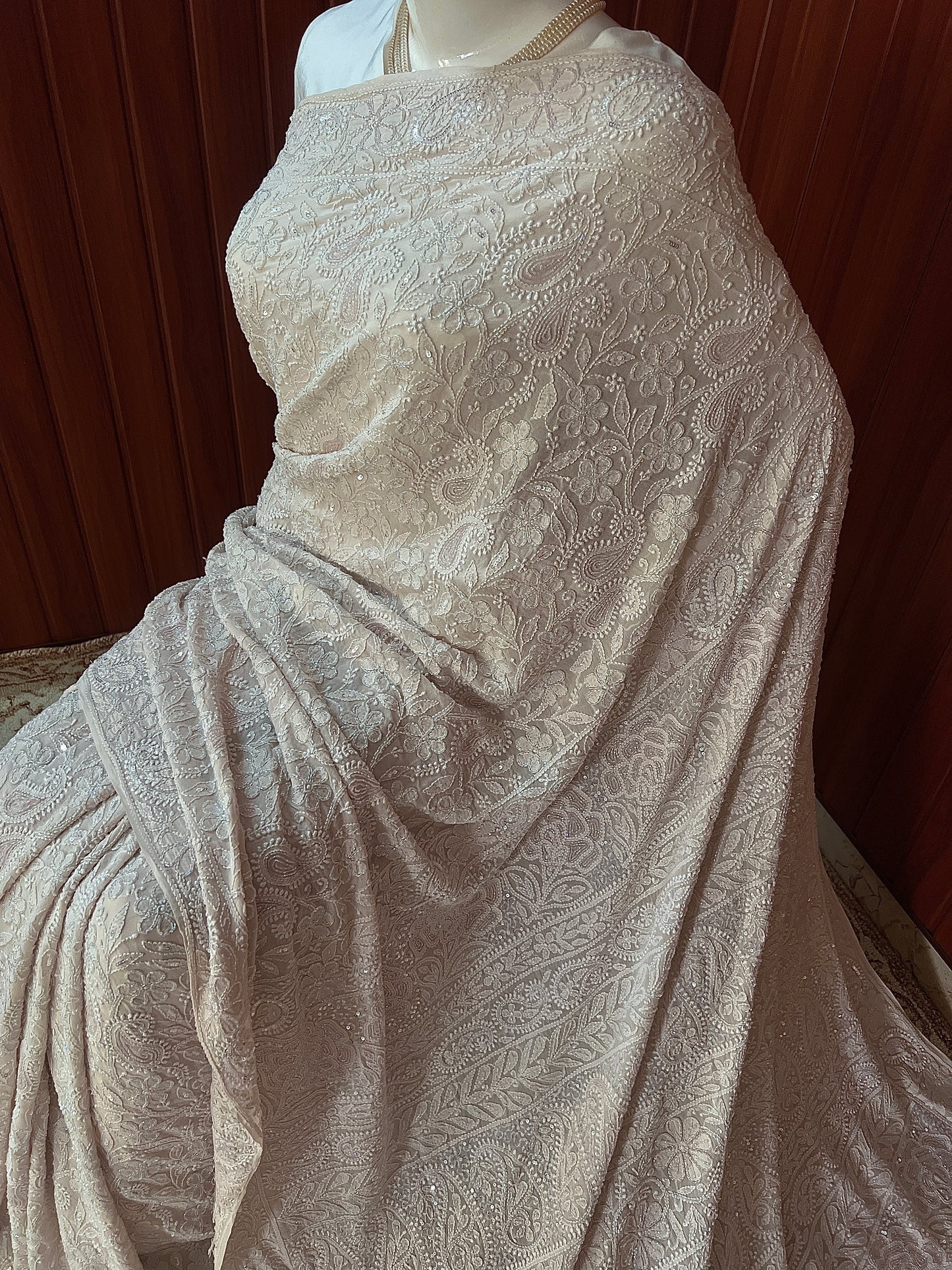 Ruhani Nude Beige Chikankari Cut Dana and Sequins Saree
