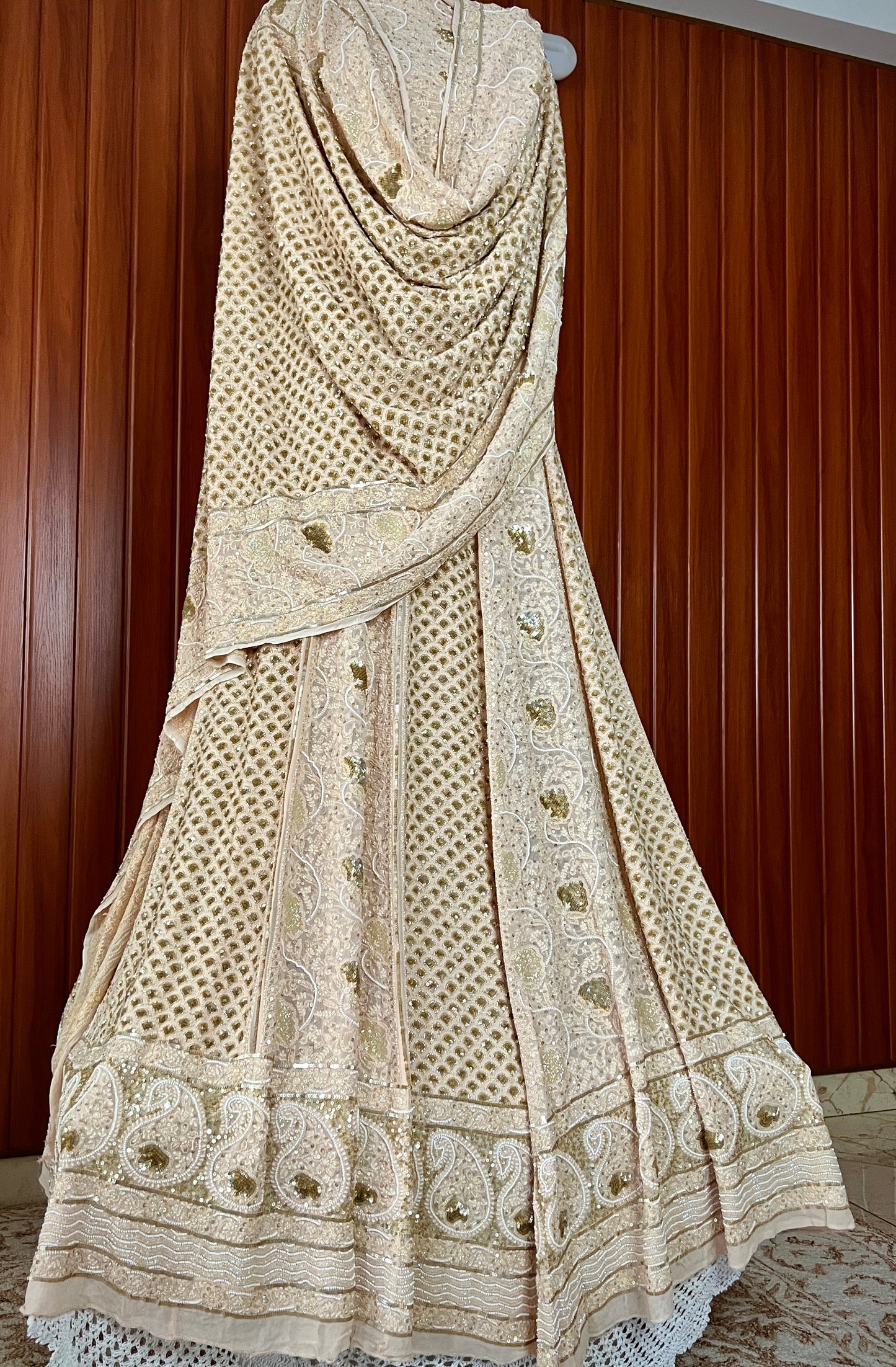 Ruhani Golden Beige Chikankari Sequins Wedding Lehenga