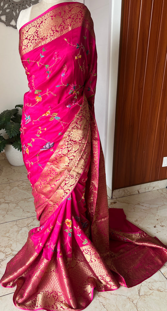 Hot Pink Petit Point Hand Embroidered Saree