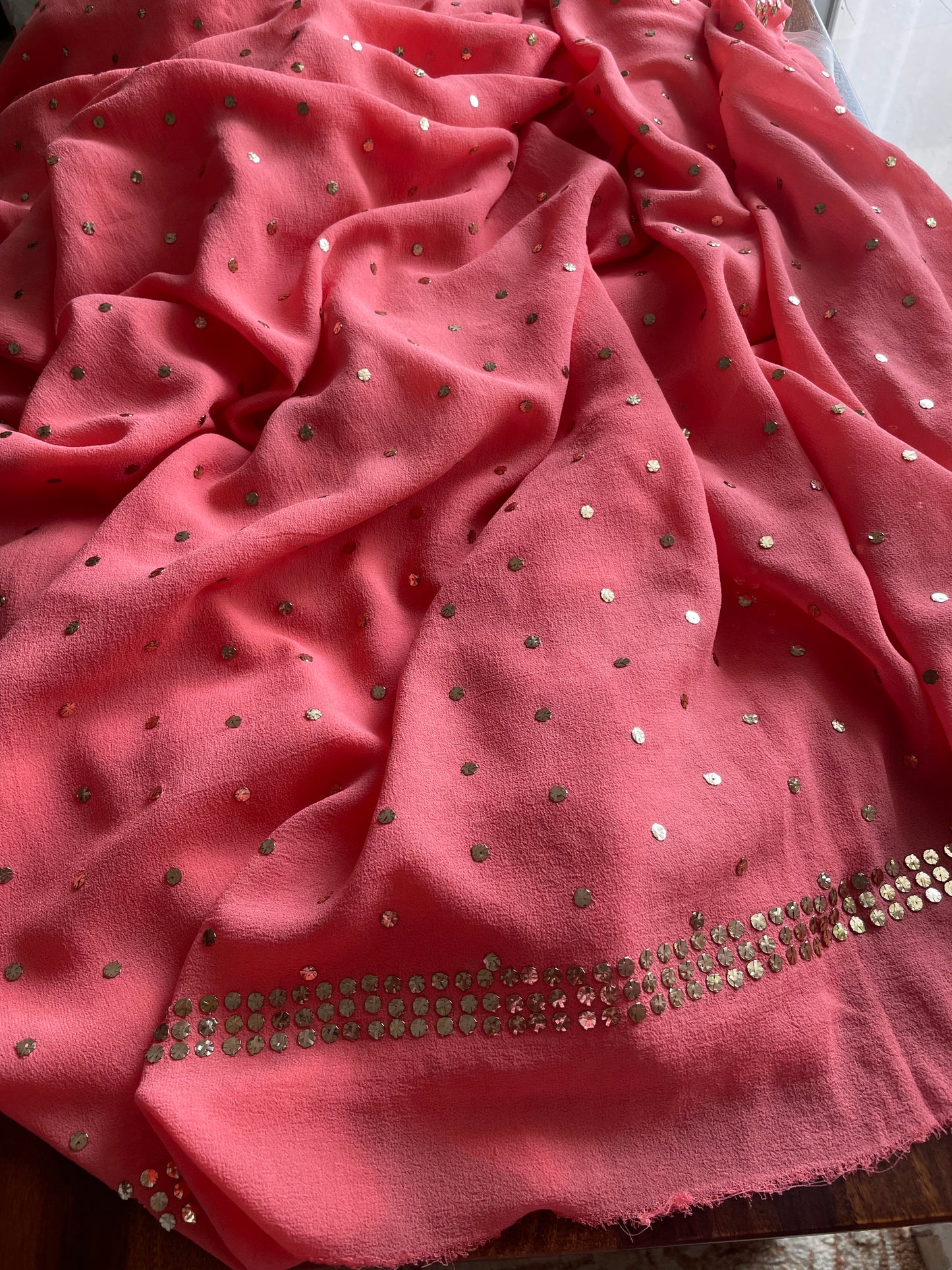 Ruhani Coral Pink Allover Designer Mukaish Pure Georgette Anarkali with Dupatta