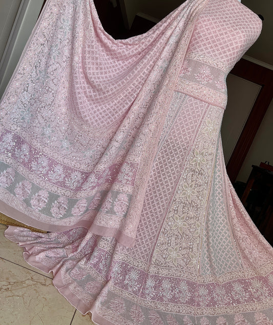Pink Ruhani Chikankari Lehenga with Multicolored Cut Dana and sequins Work