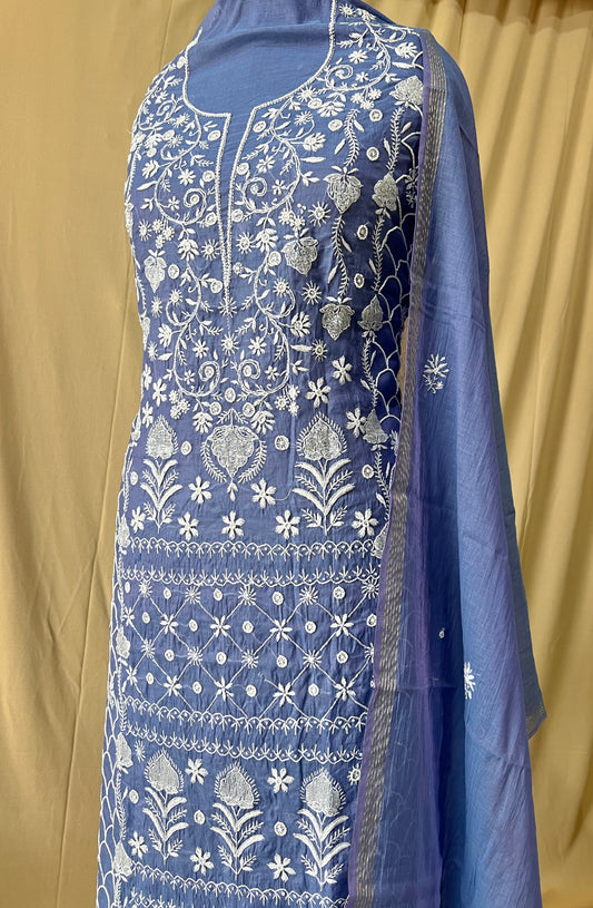Mauvish blue Mul Chanderi Kurta and Dupatta