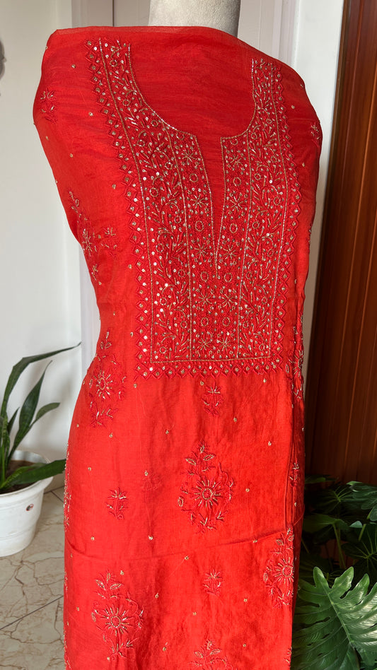 Mul Chanderi Chikankari Kurta and Dupatta Set