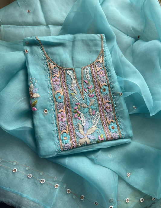 Firozi Resham Chikankari pure Organza kurta with dupatta