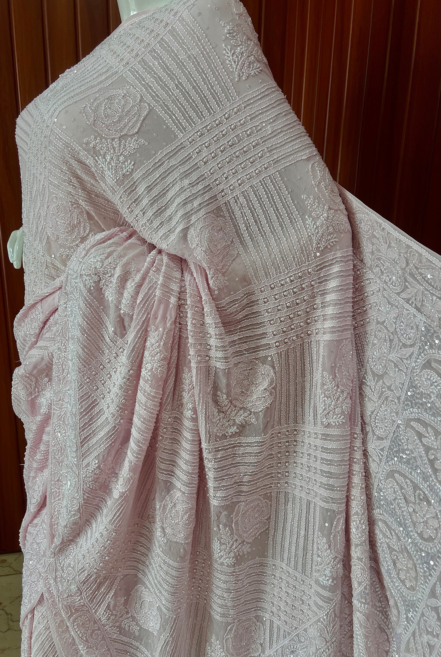 Ruhani Light Pink Chikankari Cut Dana Pearl and Sequins Masterpiece Saree