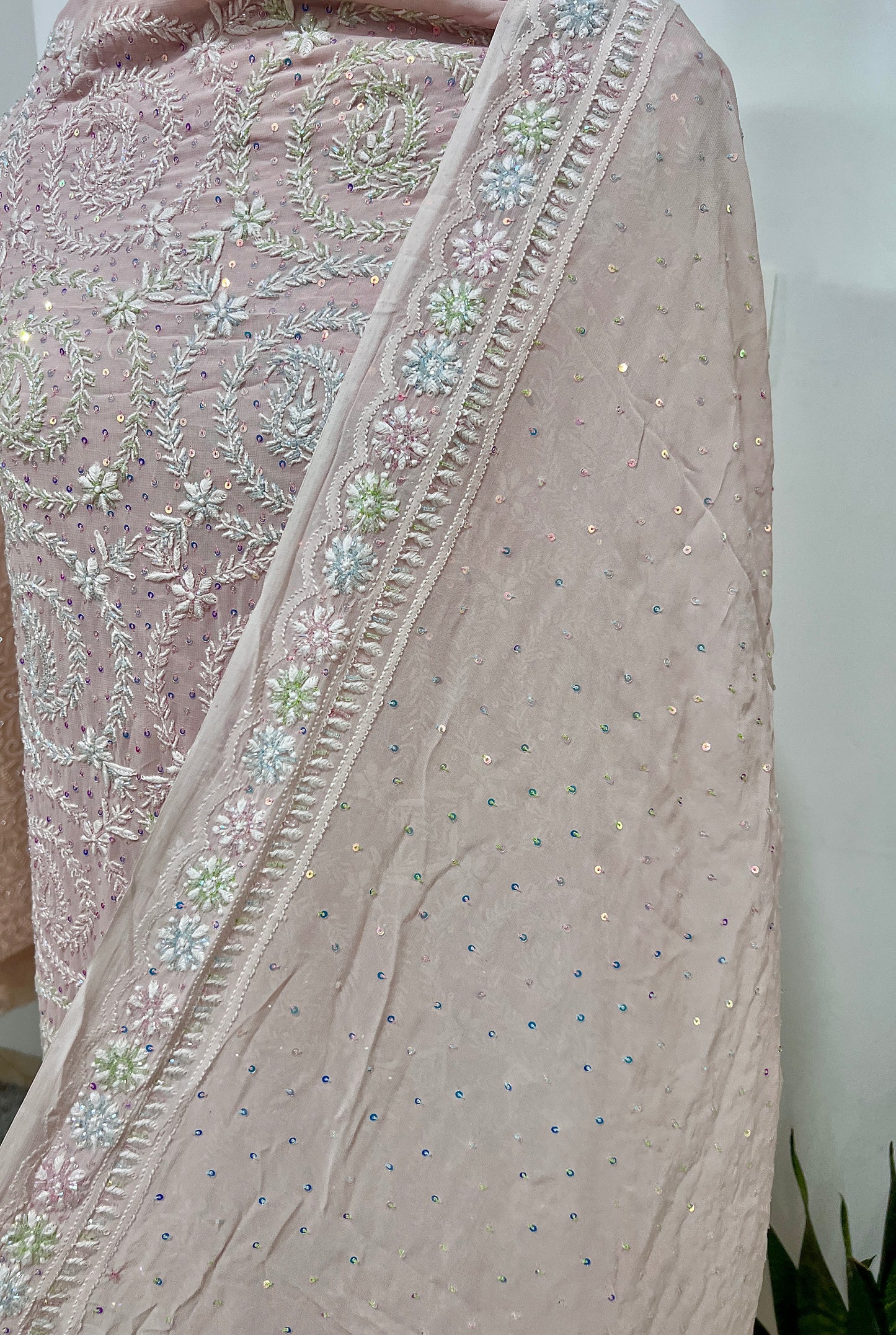 Ruhani Pink Suit with Chikankari Multicolored Sequins and Cut Dana