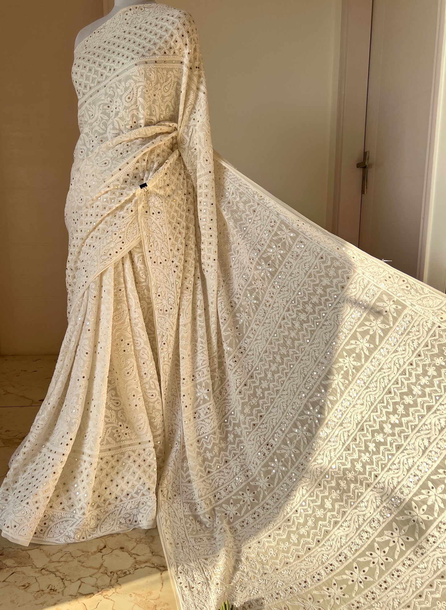 Ivory Ruhani Allover Designer Chikankari and Mukaish Saree