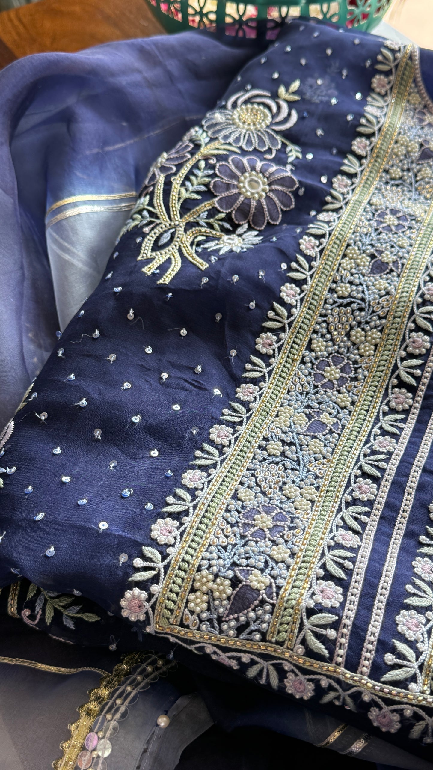 Ruhani Navy Blue fine Chikankari pure Organza kurta with dupatta