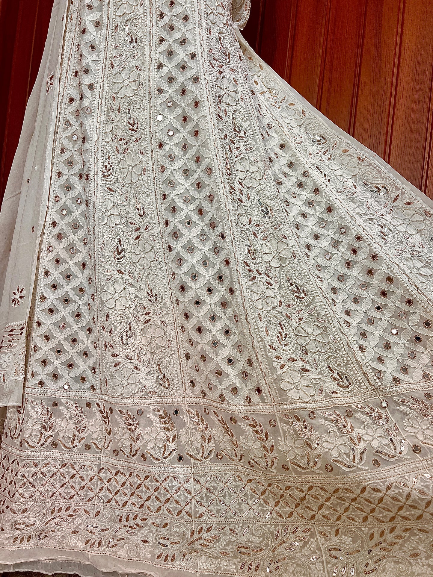 Off White Chikankari Mirror Pearl Sequins Anarkali with Dupatta