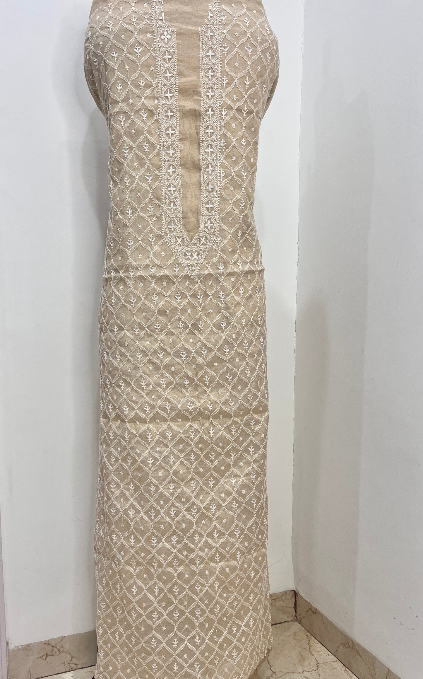 Tissue Chanderi Silk fine Chikankari Kurta Fabric