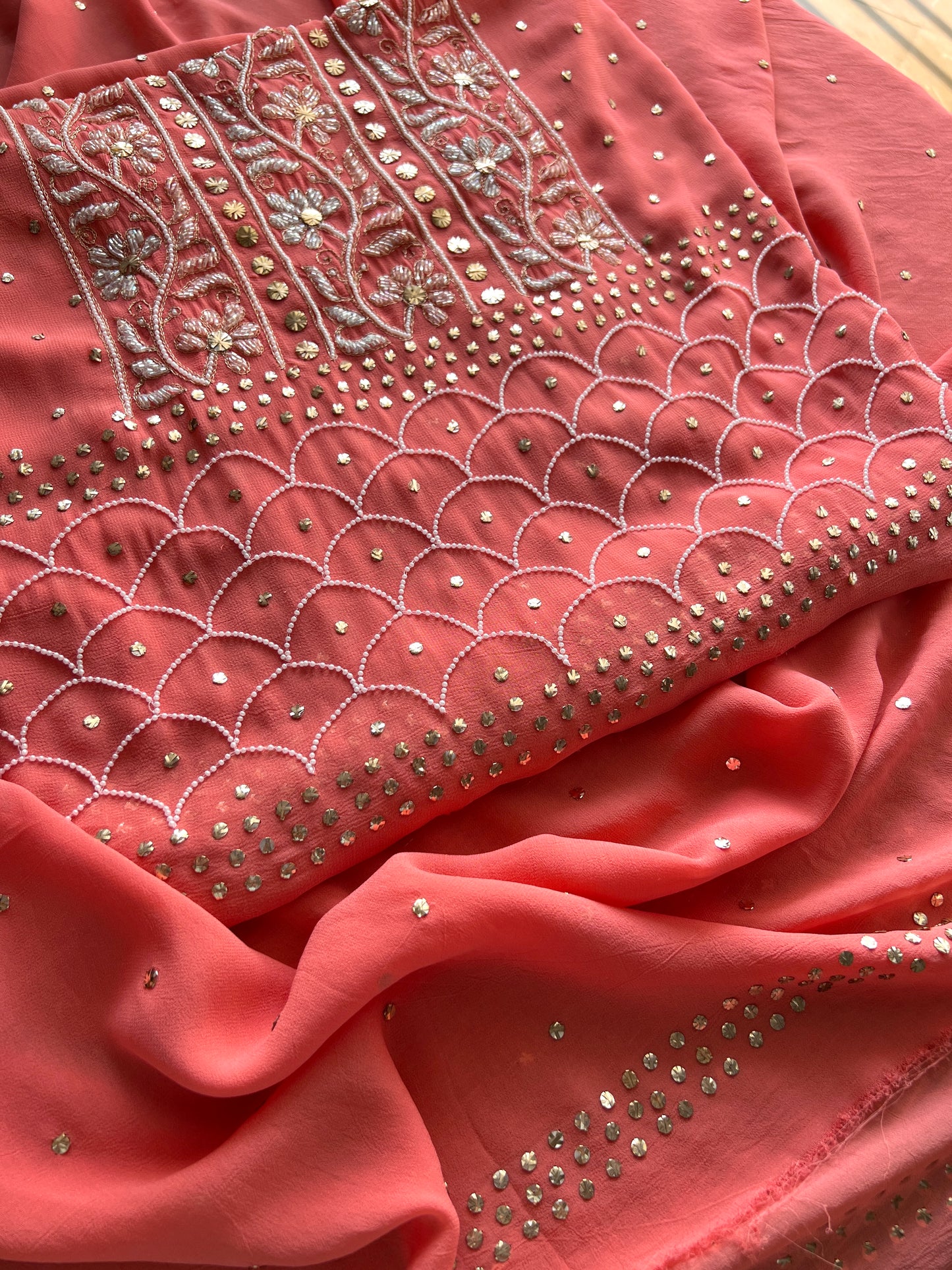 Coral peach mukaish pearl and cut Dana work Kurta and Dupatta