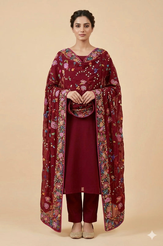 Deep Red Masterpiece Petit Point Hand Embroidered Dupatta