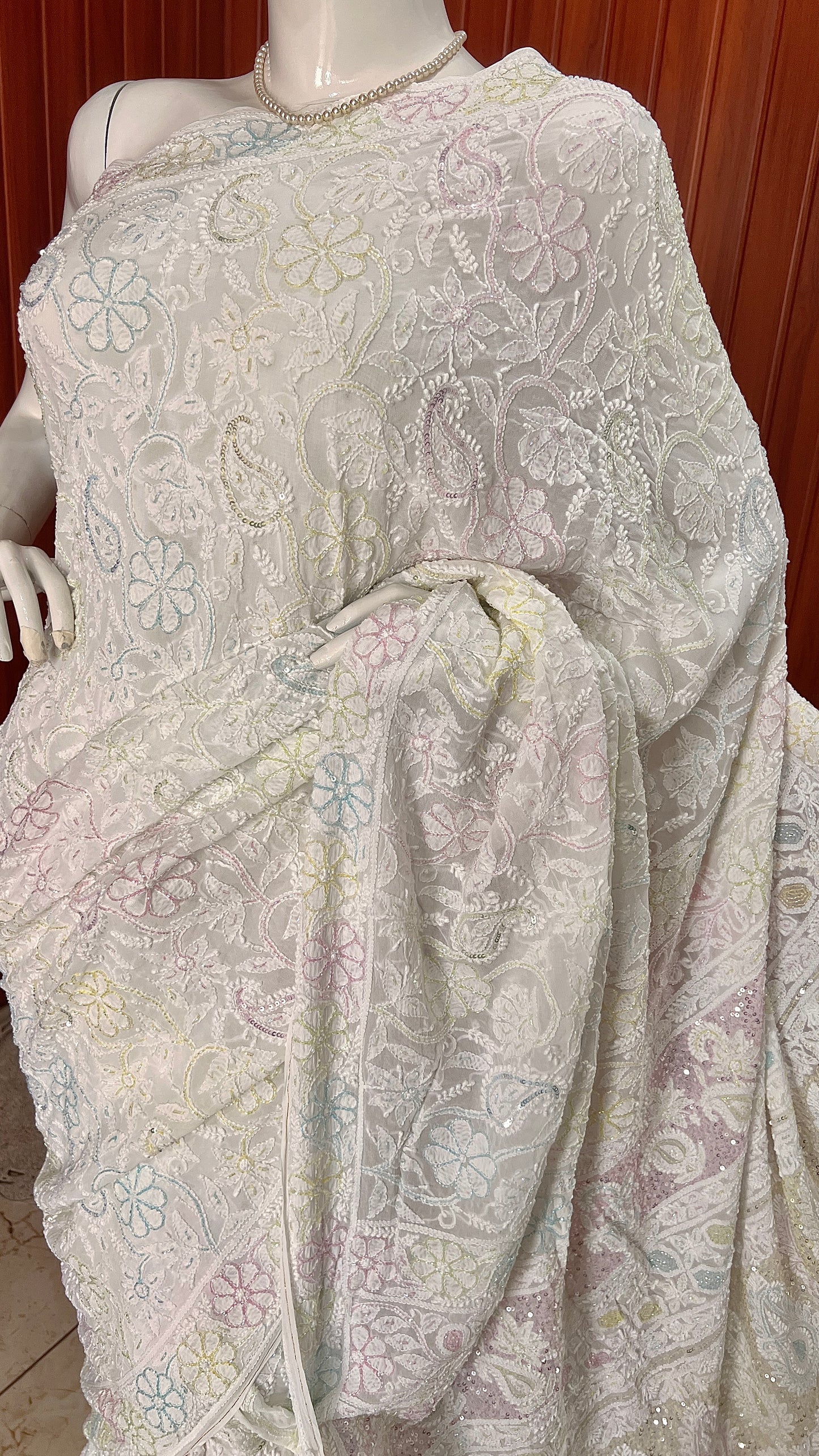 Ruhani White Chikankari and Multicolored Cut Dana Sequins Saree
