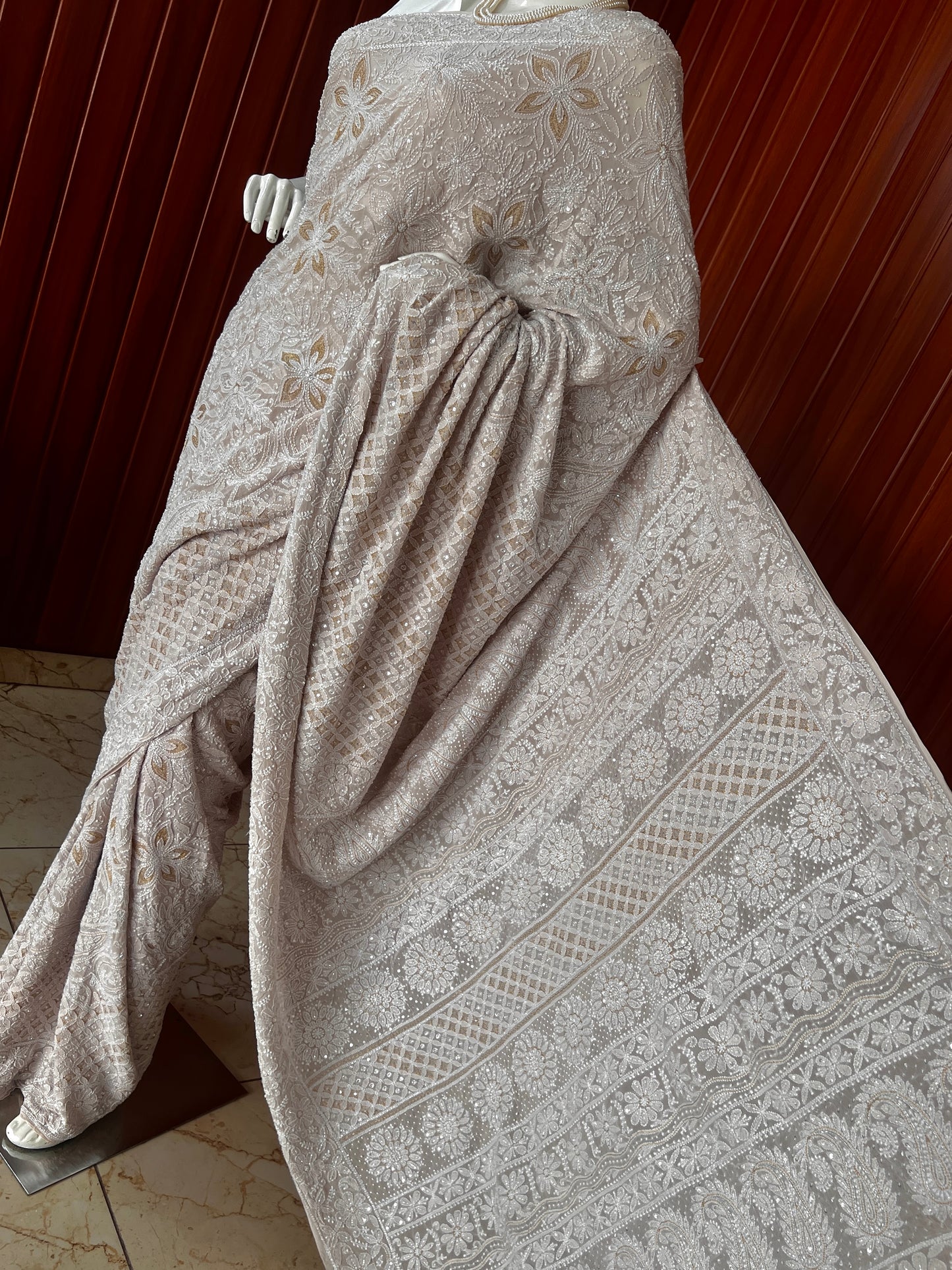 Ruhani Nude Champagne Chikankari and Cut Dana Saree