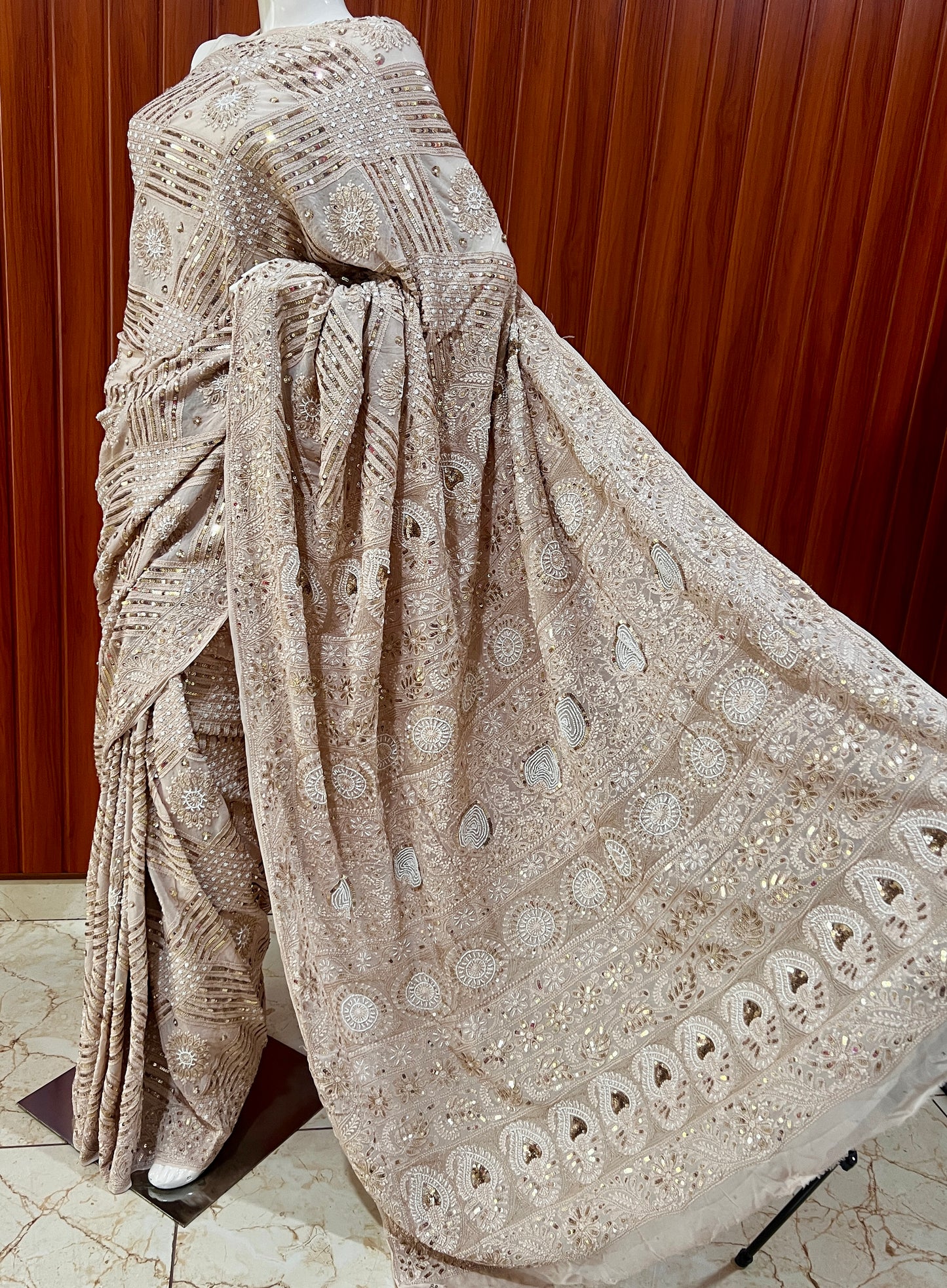 Ruhani Powder brown Chikankari Saree with Sequins Pearl and Aari Embroidery