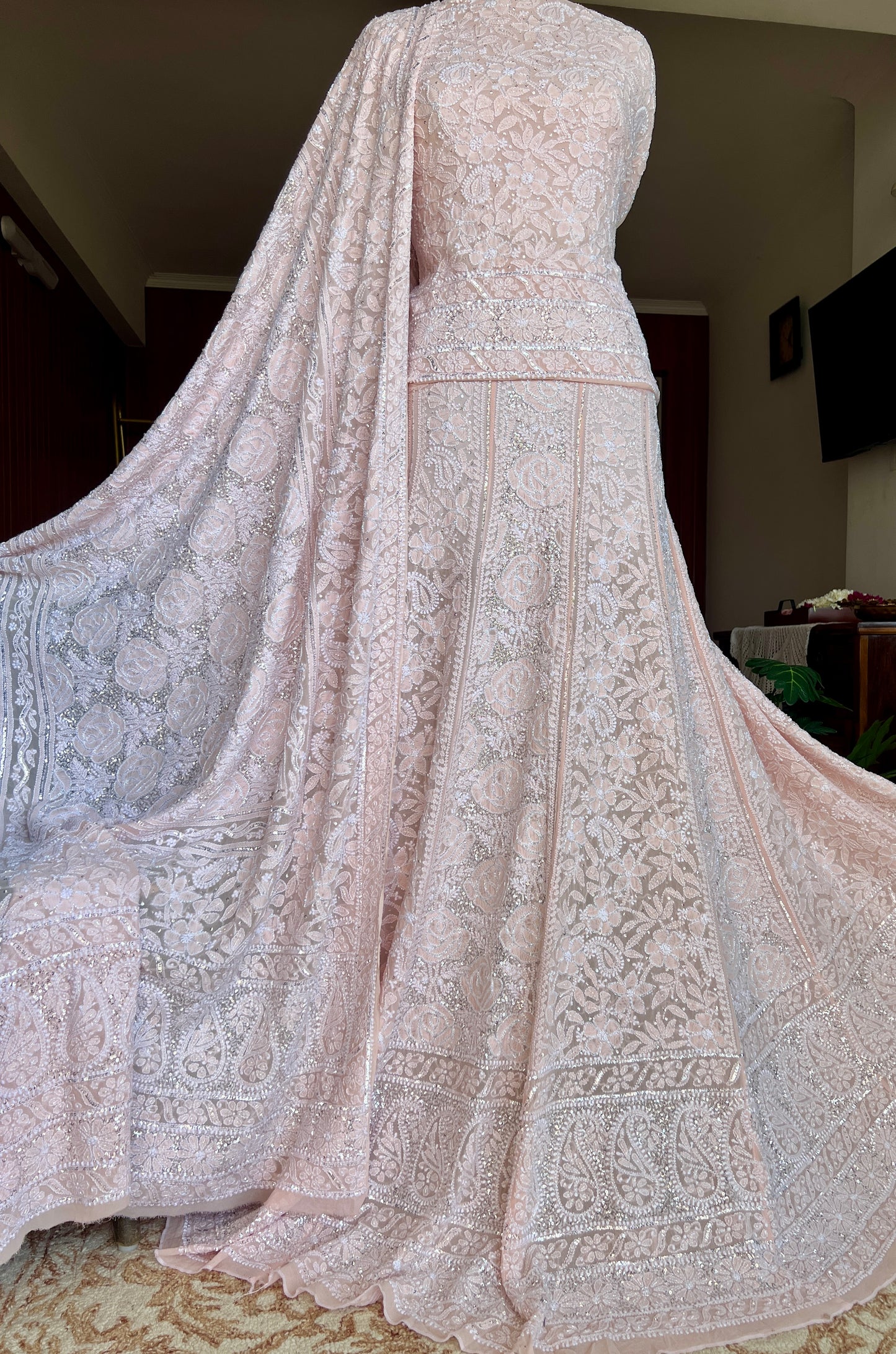 Masterpiece Ruhani Powder Peach Chikankari Sequins Cut Dana Wedding Lehenga