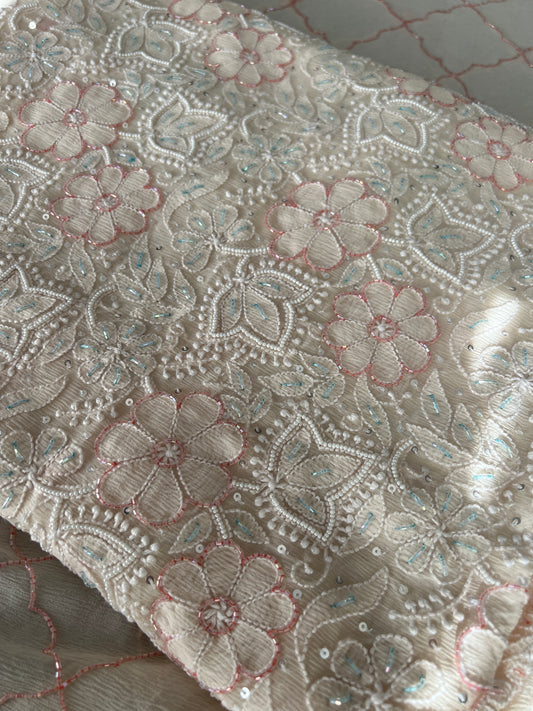 Cream pure chiffon Chikankari cut dana and sequins kurta and dupatta