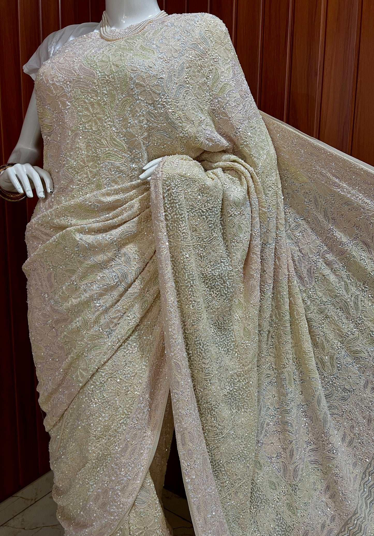 Ruhani Champagne Masterpiece Chikankari and Multicolored Cut Dana Saree
