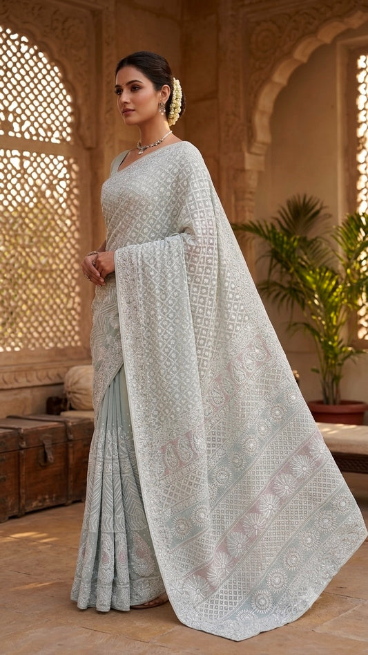 Ruhani Sage Blue Chikankari Cut Dana and Sequins Saree