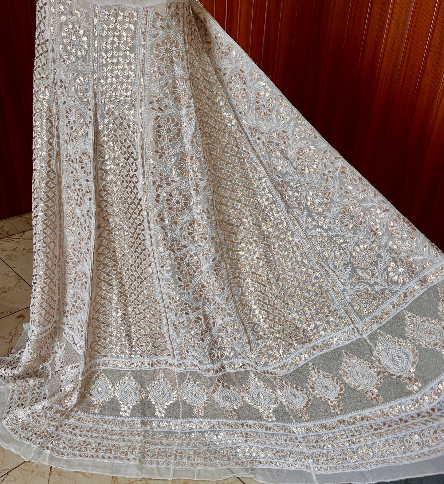 Off White designer lehenga skirt with allover Chikankari and heavy gota patti Lehenga skirt