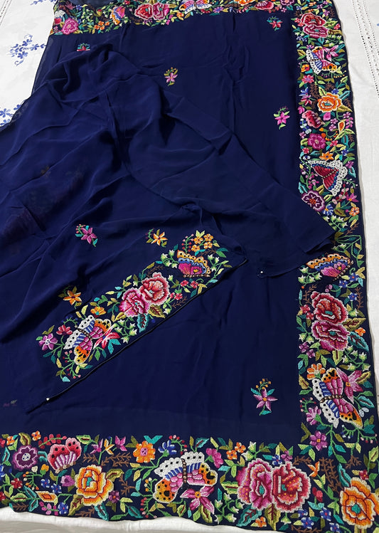 Navy Blue Masterpiece Petit Point Hand Embroidered Saree