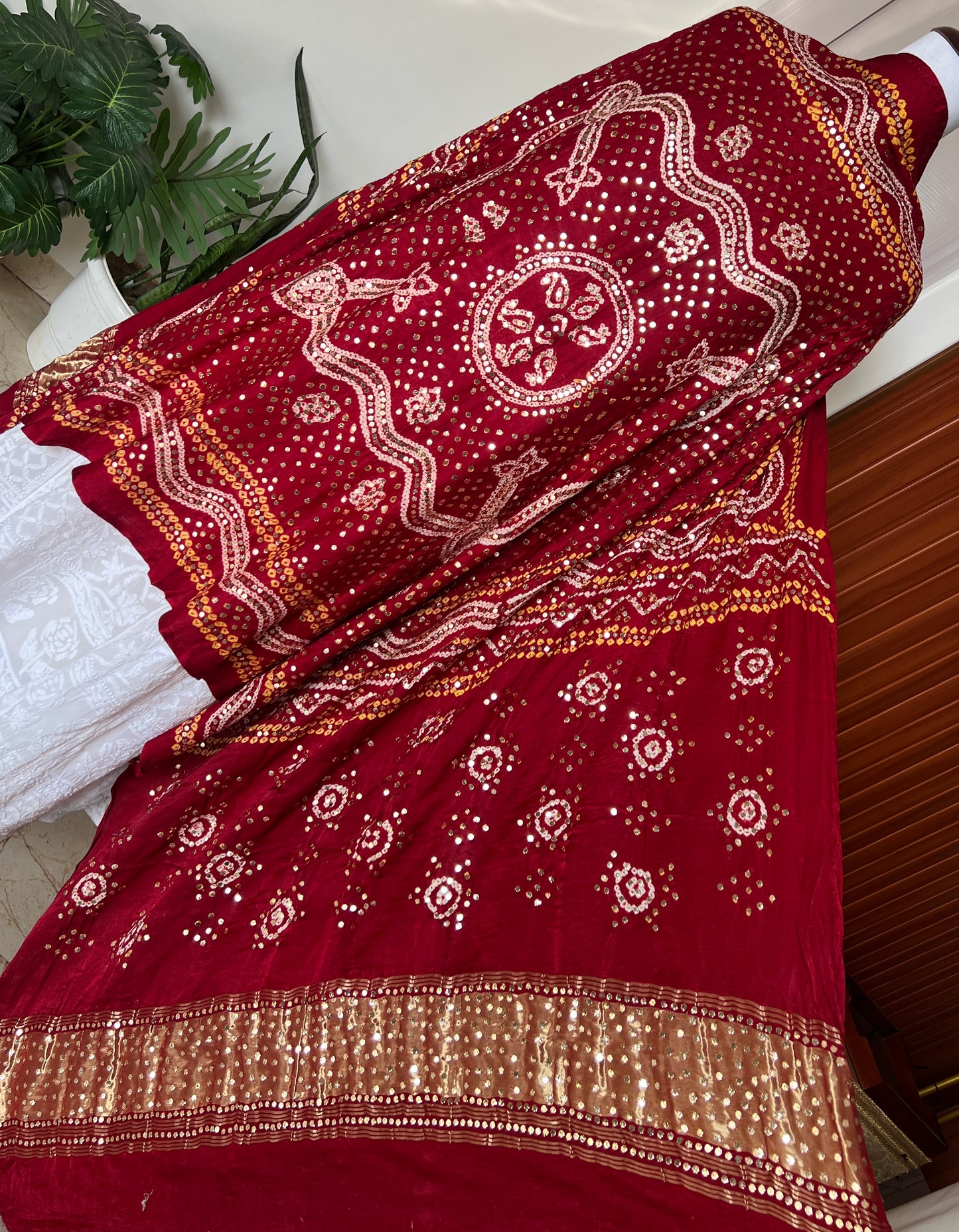 Maroon Gajji Silk Bandhej dupatta with mukaish work