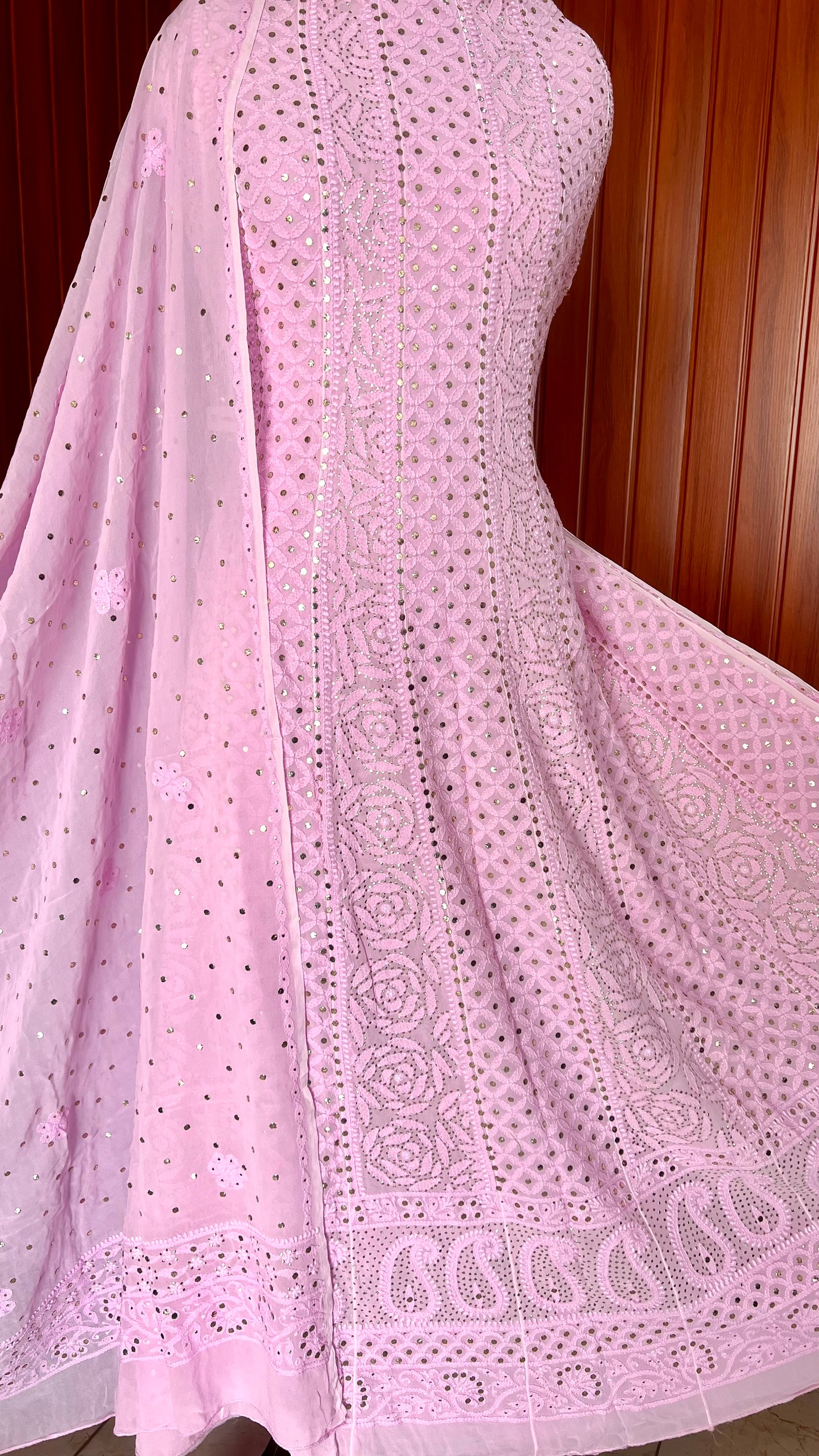 Bright Pink Allover Chikankari and Heavy Mukaish Anarkali with Dupatta