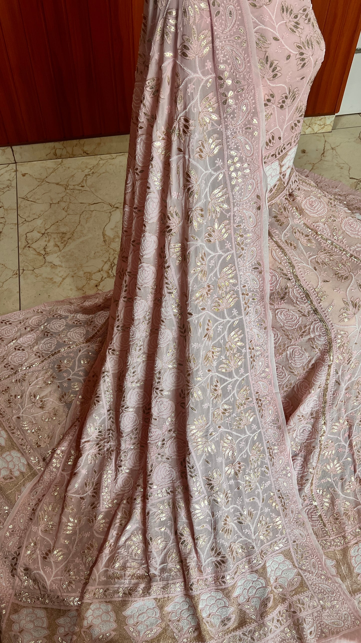 Ruhani Pink Chikankari Gota Patti and Pearl Wedding Lehenga