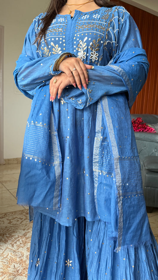 Blue Badla Mukaish and pearl work Mul Chanderi Sharara Suit
