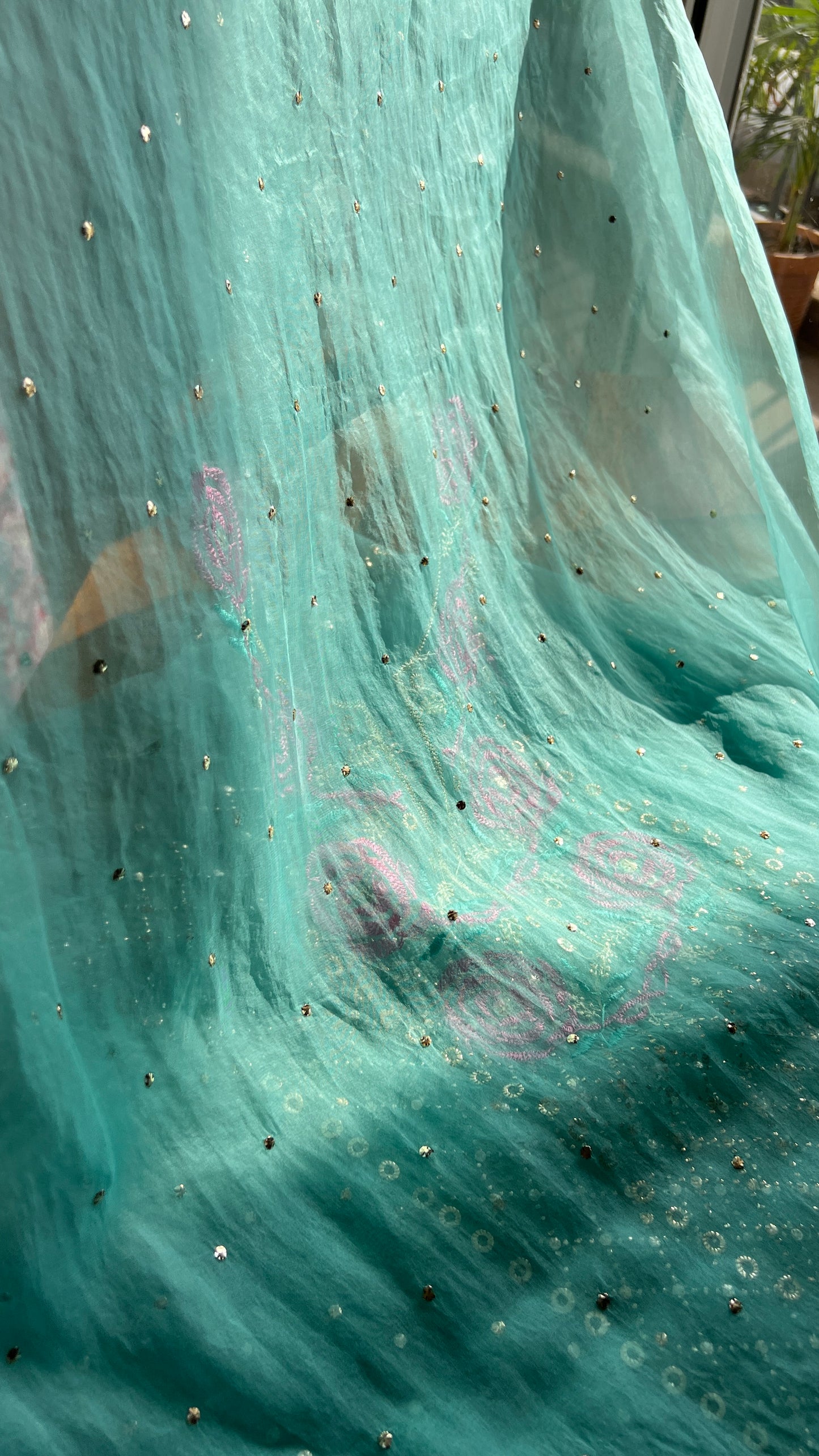 Firozi Chikankari and Mukaish pure Organza kurta with dupatta