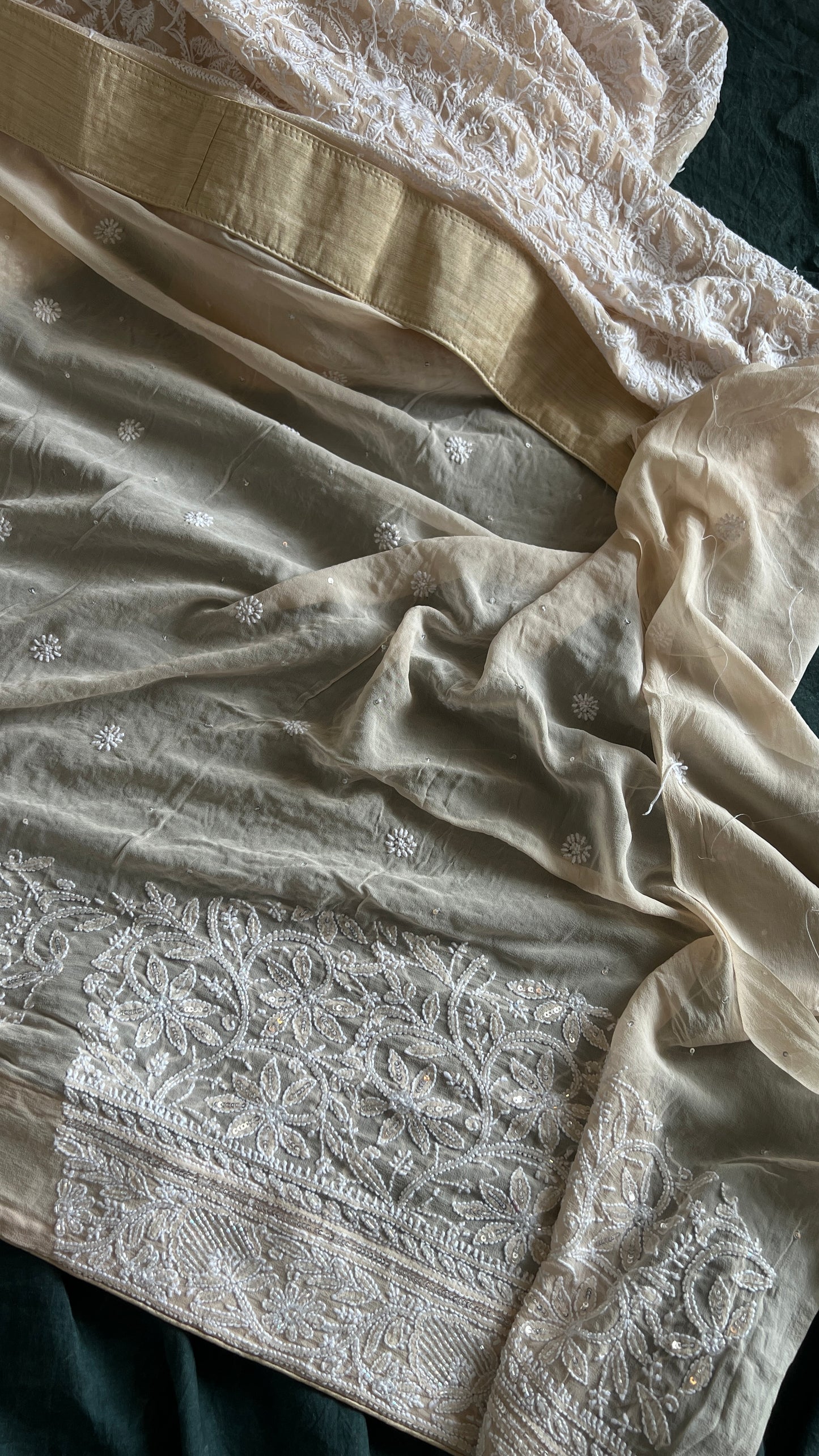 Ruhani Light Beige Chikankari Cut Dana and Sequins Saree