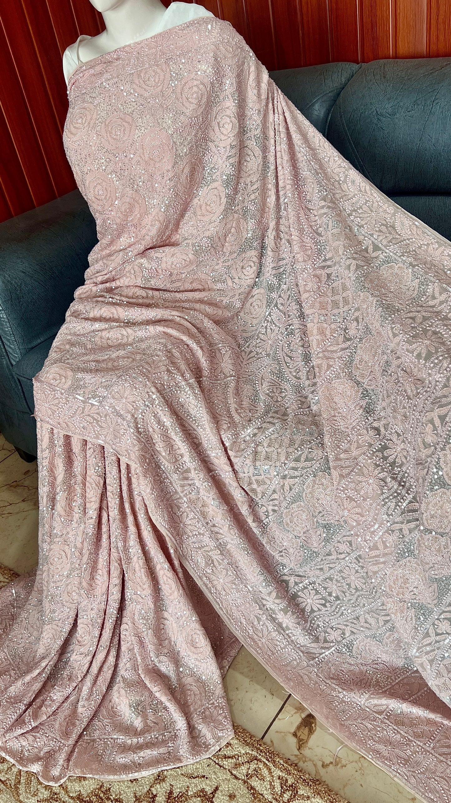 Gulaab Dusty Pink Masterpiece Chikankari Sequins and Cut Dana Saree