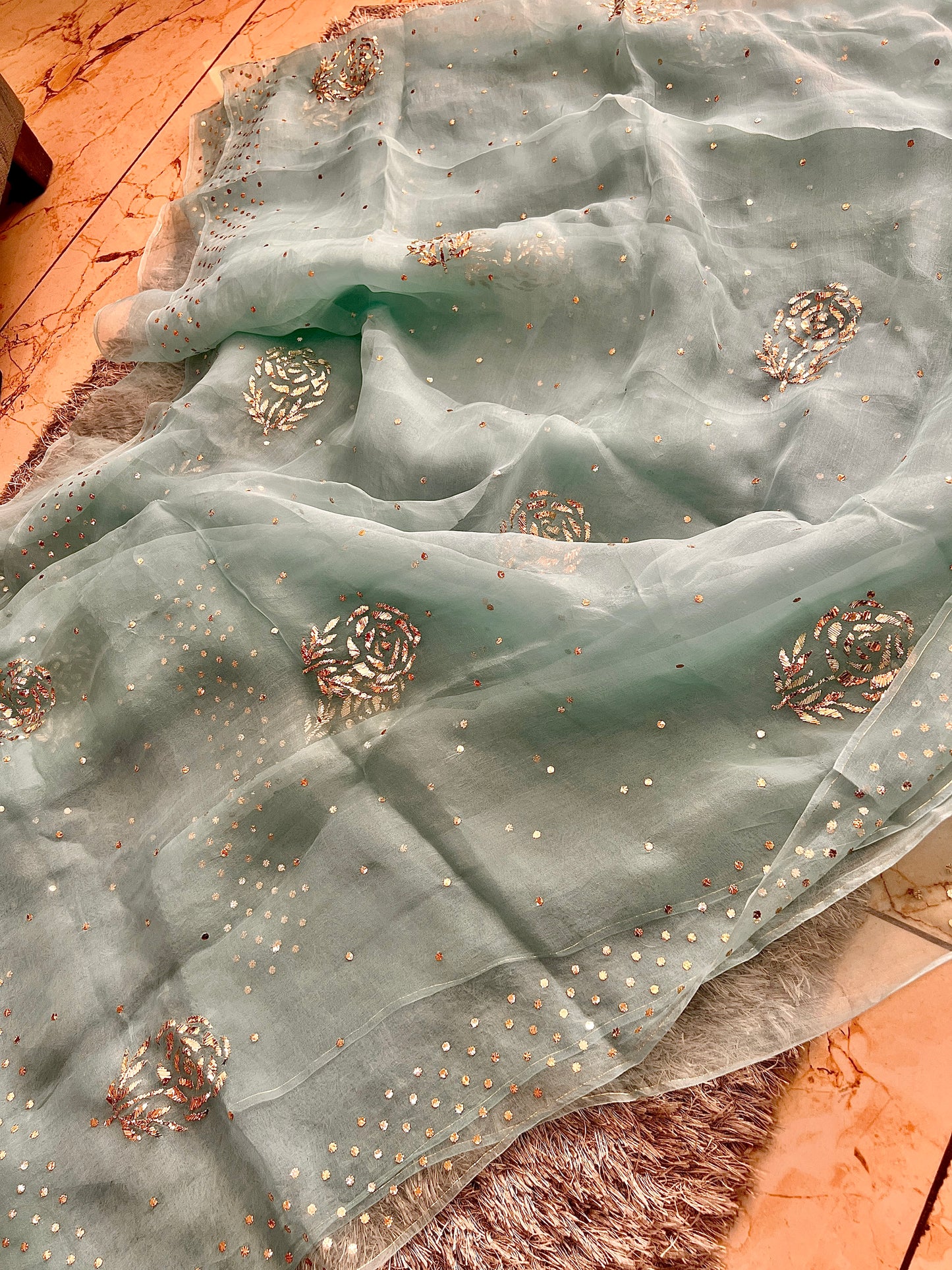 Sage Green Pure Organza Saree with Badla and Mukaish Work